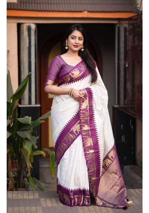 Purple Woven Jacquard Saree Set