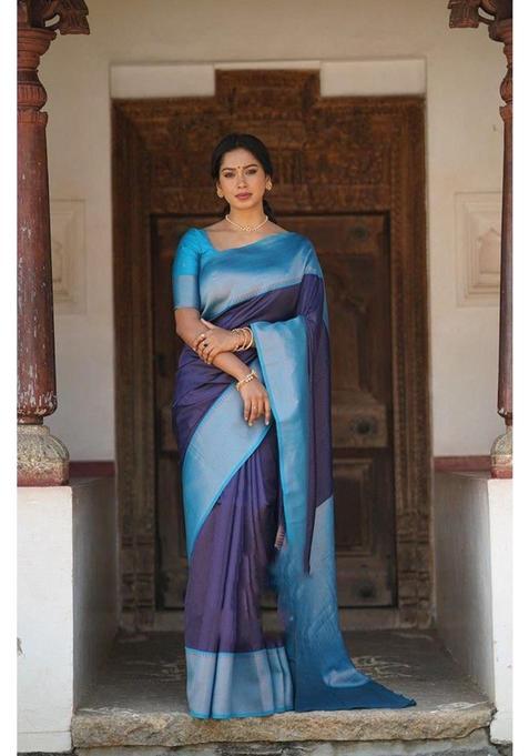 Blue Woven Silk Blend Saree Set