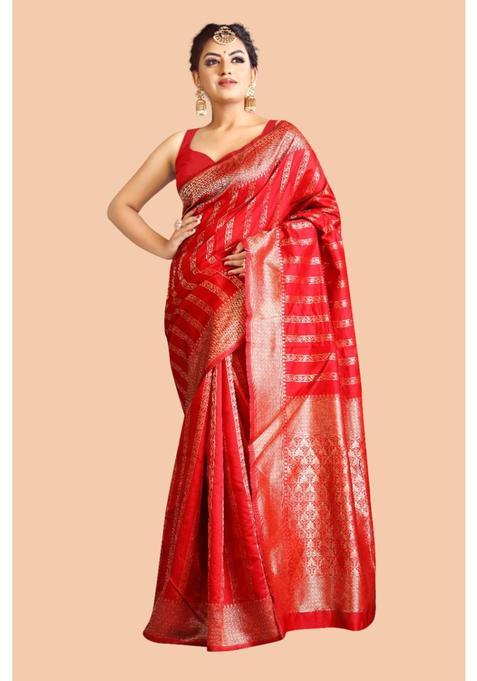 Pink Woven Silk Blend Saree Set