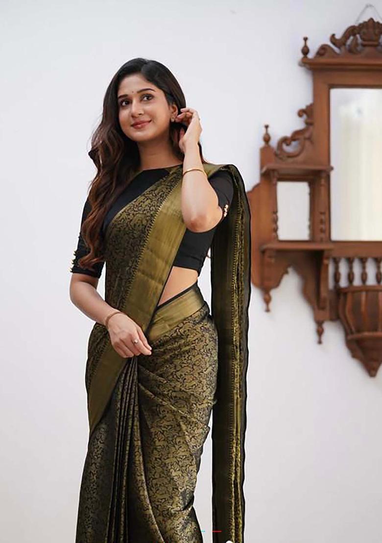 Black Woven Silk Blend Saree Set - Indya