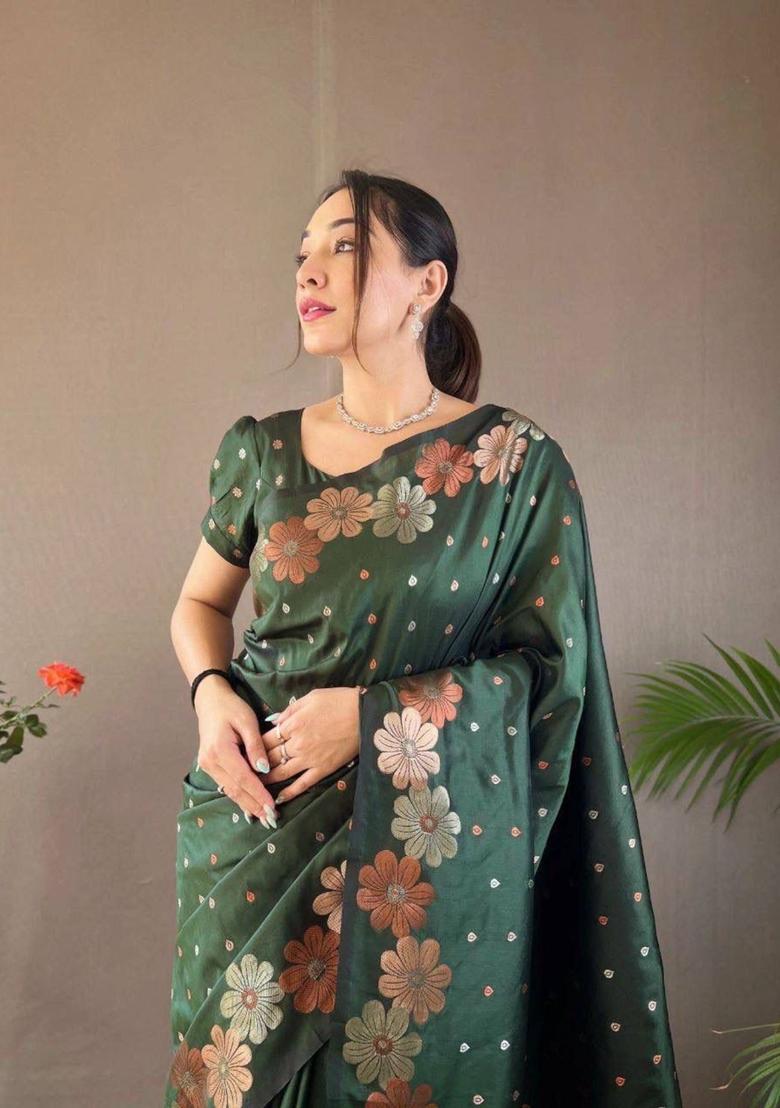 Green Printed Jacquard Saree Set - Indya