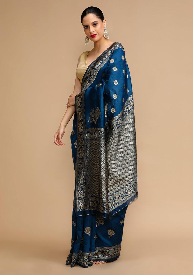 Navy Blue Woven Jacquard Saree Set - Indya