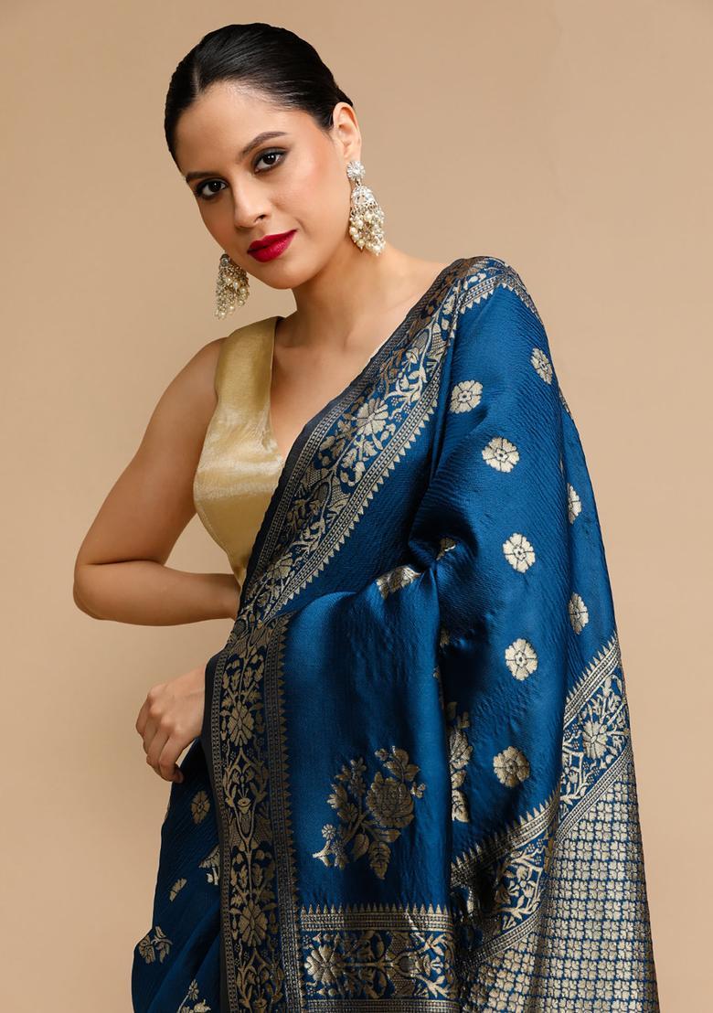 Navy Blue Woven Jacquard Saree Set - Indya
