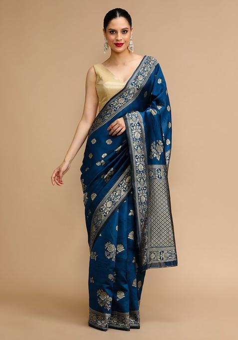 Navy Blue Woven Jacquard Saree Set