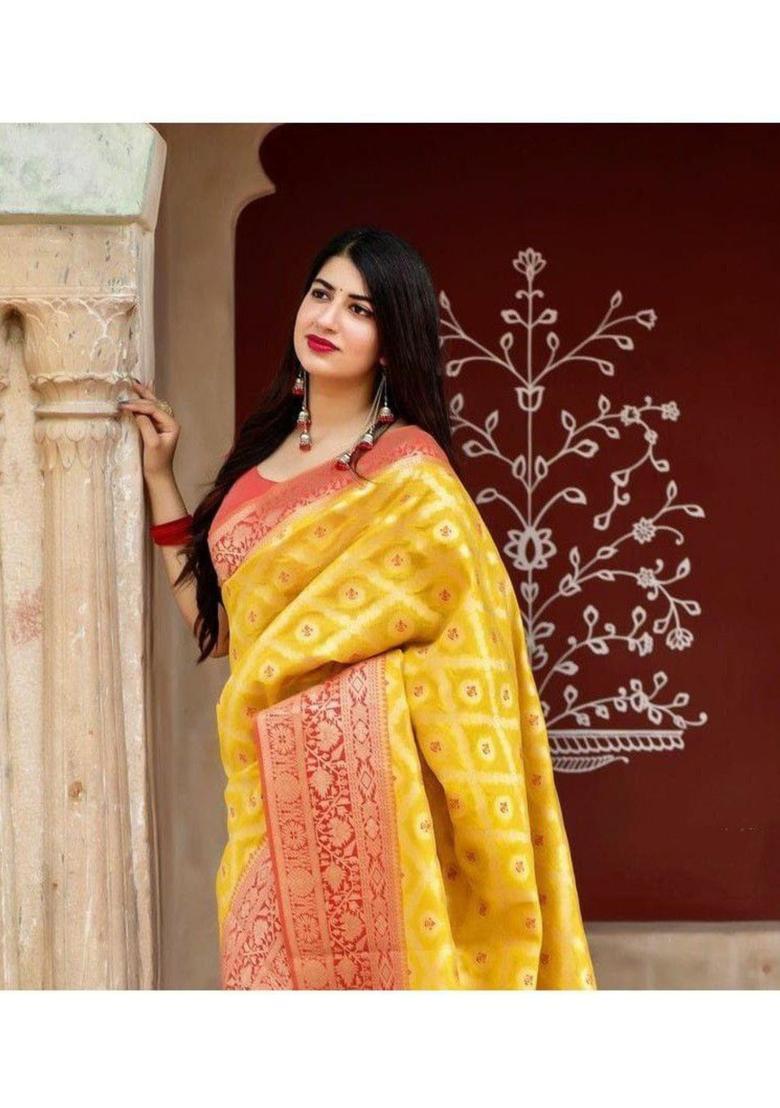 Yellow Printed Jacquard Saree Set - Indya
