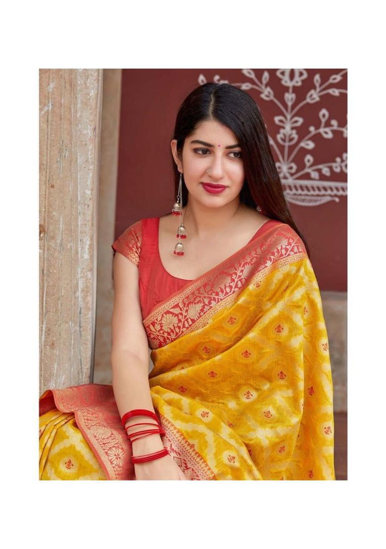 Yellow Printed Jacquard Saree Set - Indya