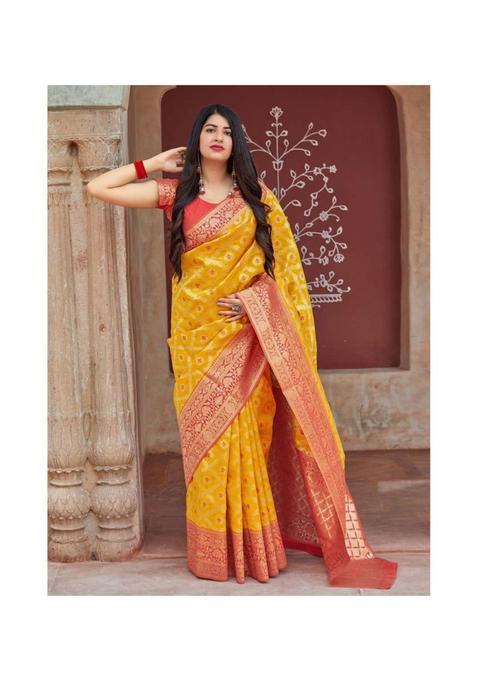 Yellow Printed Jacquard Saree Set