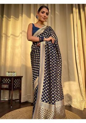 Navy Blue Woven Jacquard Saree Set