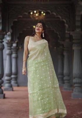 Green Woven Jacquard Saree Set