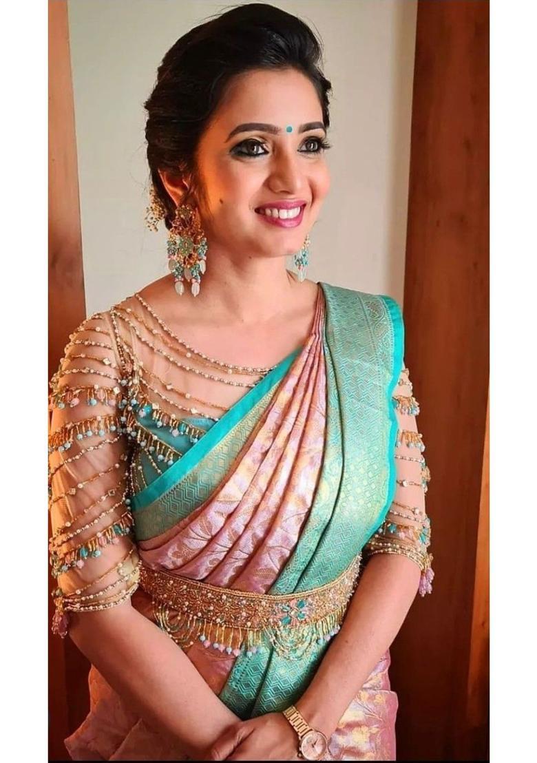 Peach Woven Jacquard Saree Set - Indya