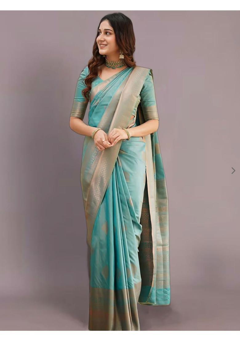 Green Woven Jacquard Saree Set - Indya