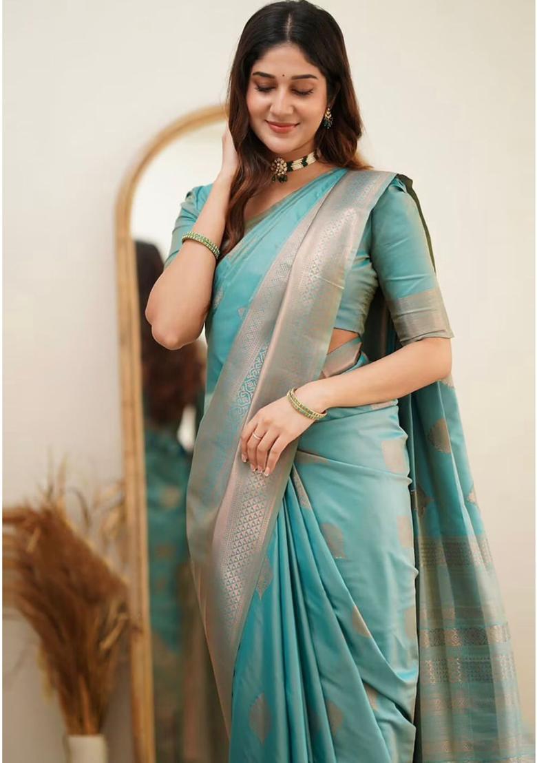 Green Woven Jacquard Saree Set - Indya