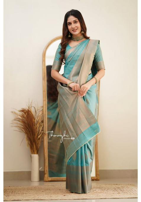 Green Woven Jacquard Saree Set