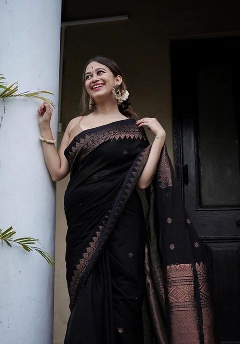 Black Woven Jacquard Saree Set