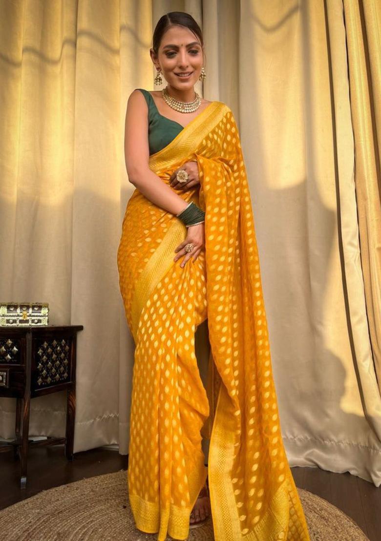 Mustard Woven Jacquard Saree Set - Indya