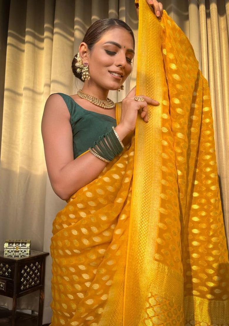 Mustard Woven Jacquard Saree Set - Indya