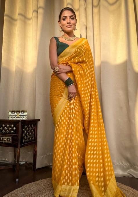 Mustard Woven Jacquard Saree Set