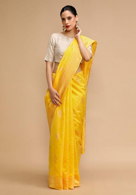 Yellow Woven Jacquard Saree Set
