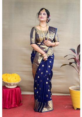Navy Blue Woven Jacquard Saree Set