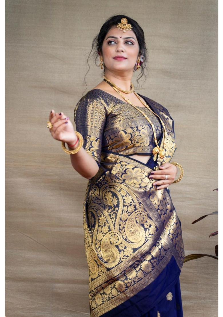 Navy Blue Woven Jacquard Saree Set - Indya