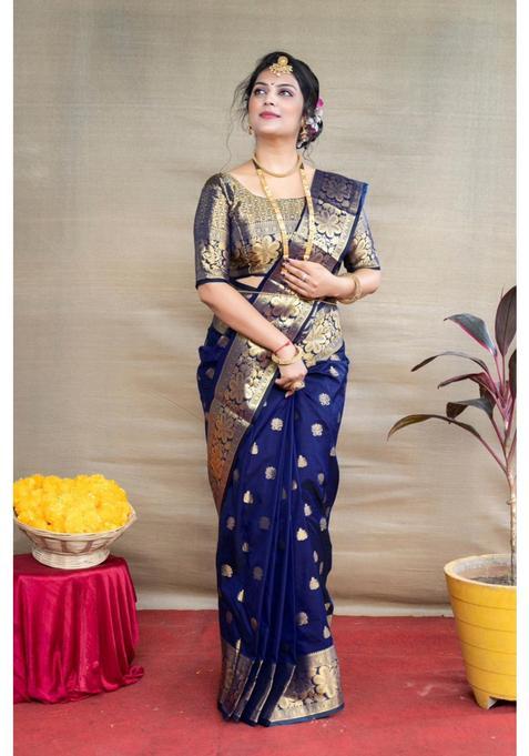 Navy Blue Woven Jacquard Saree Set