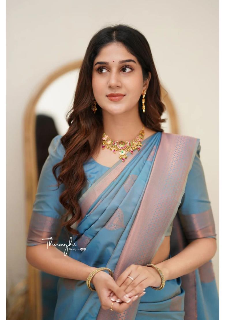 Aqua Printed Jacquard Saree Set - Indya