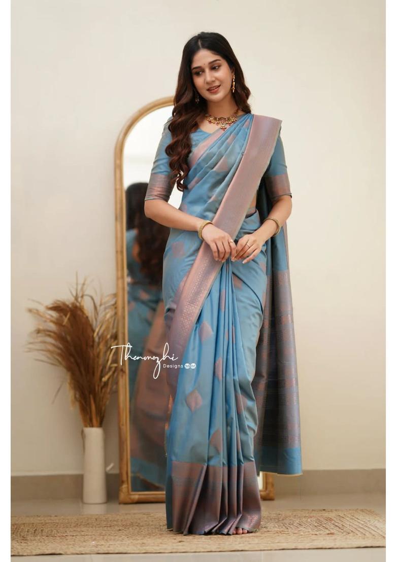 Aqua Printed Jacquard Saree Set - Indya