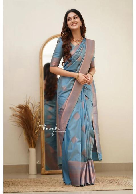 Aqua Printed Jacquard Saree Set