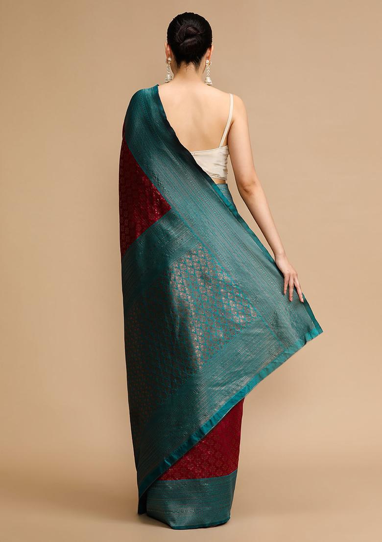 Maroon Woven Jacquard Saree Set - Indya