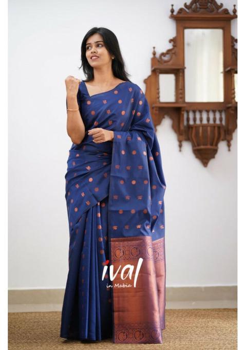 Blue Woven Silk Blend Saree Set