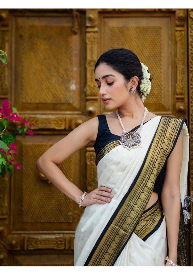 White Woven Jacquard Saree Set - Indya