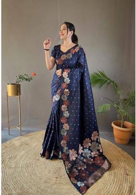 Navy Blue Sequin Work Jacquard Saree Set