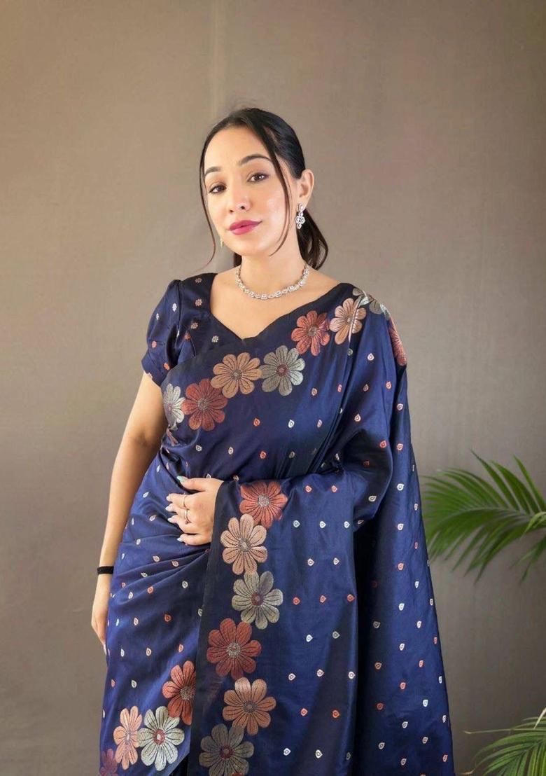 Navy Blue Sequin Work Jacquard Saree Set - Indya