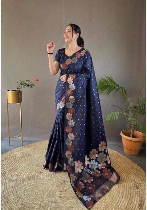 Navy Blue Sequin Work Jacquard Saree Set