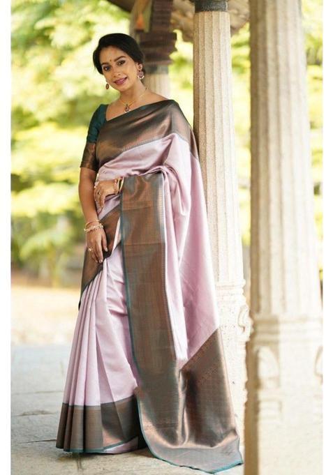 Pink Woven Silk Saree Set