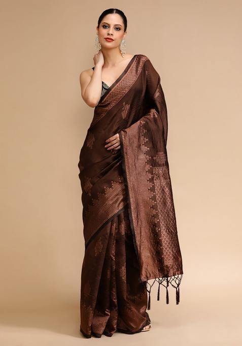 Brown Woven Jacquard Saree Set