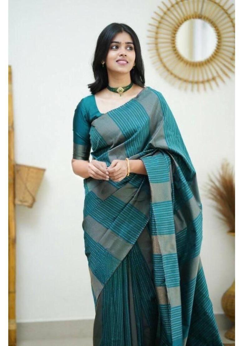 Teal Woven Silk Blend Saree Set - Indya