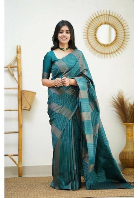 Teal Woven Silk Saree Set