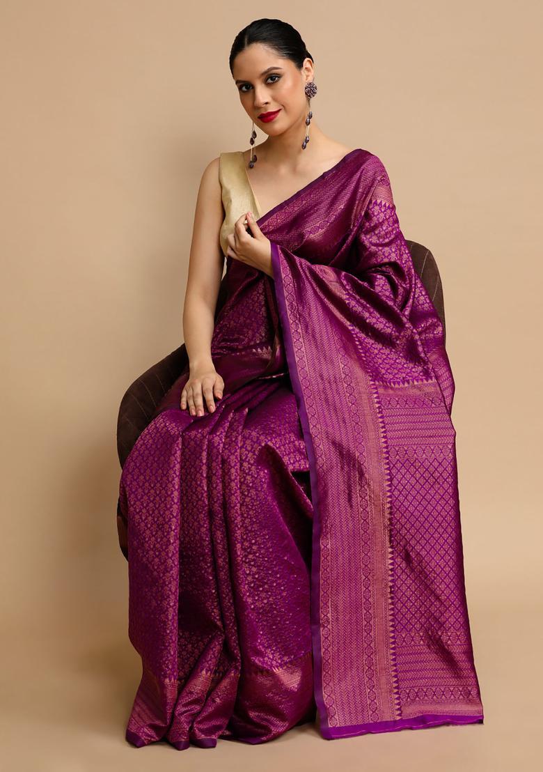 Purple Woven Jacquard Saree Set - Indya
