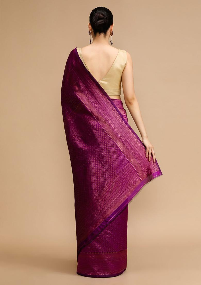 Purple Woven Jacquard Saree Set - Indya