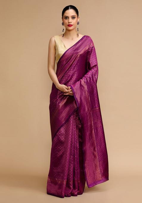Purple Woven Jacquard Saree Set