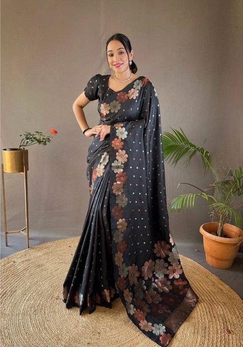 Black Printed Jacquard Saree Set