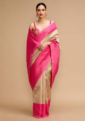 Cream Woven Jacquard Saree Set