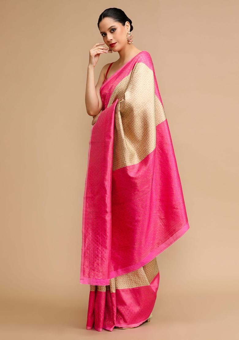 Cream Woven Jacquard Saree Set - Indya