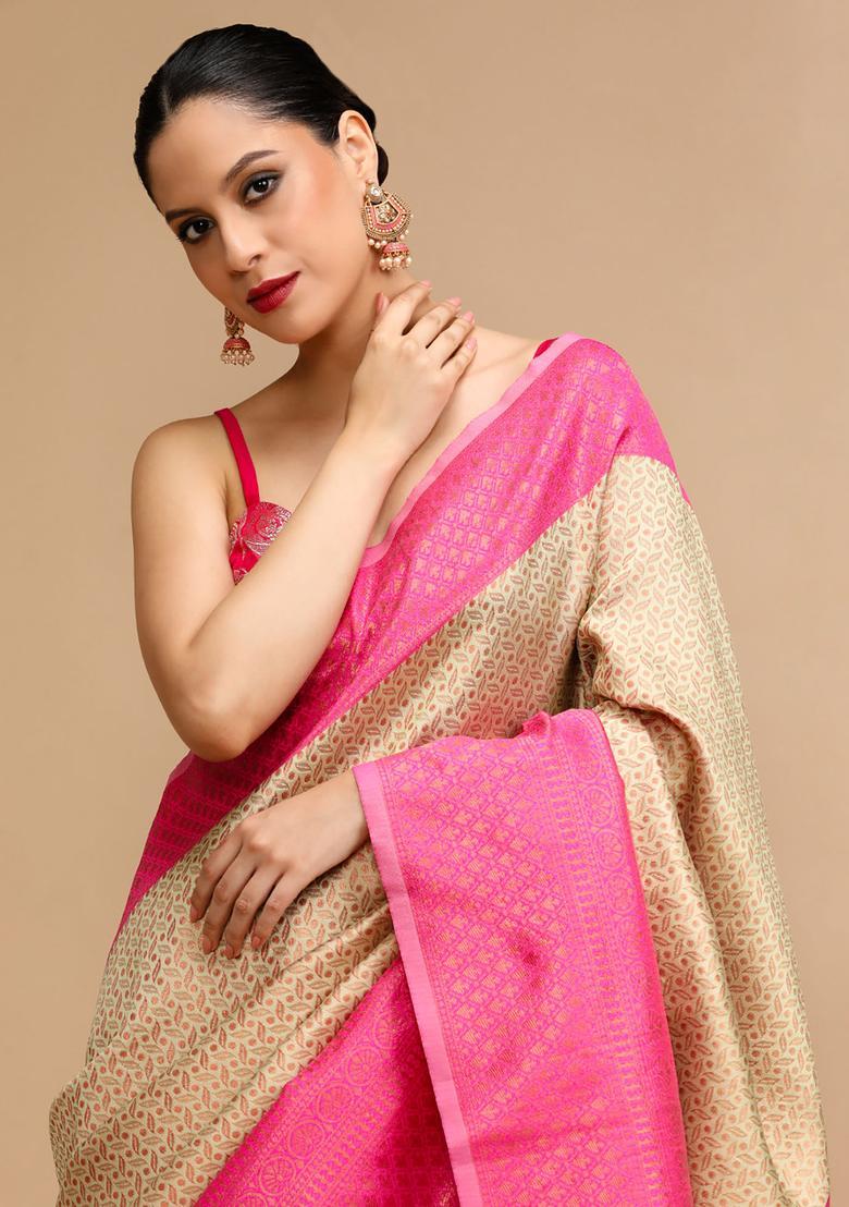 Cream Woven Jacquard Saree Set - Indya