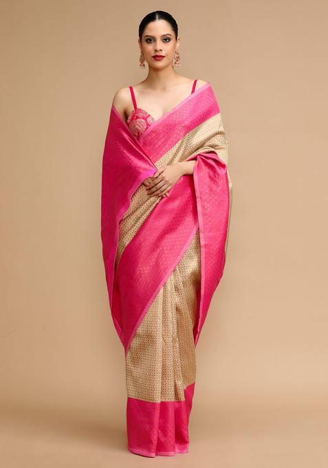 Cream Woven Jacquard Saree Set