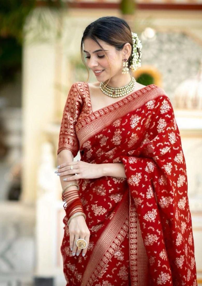 Red Printed Jacquard Saree Set - Indya