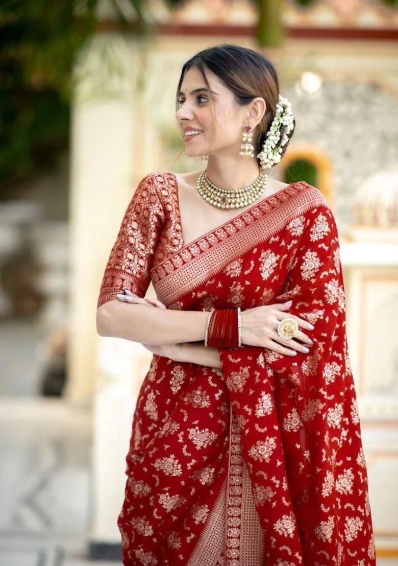 Red Printed Jacquard Saree Set - Indya