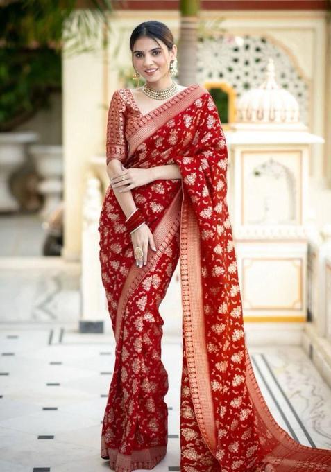 Red Printed Jacquard Saree Set