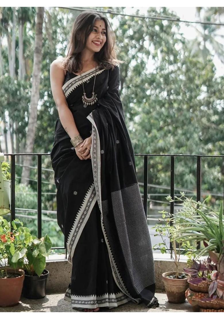 Black Woven Jacquard Saree Set - Indya
